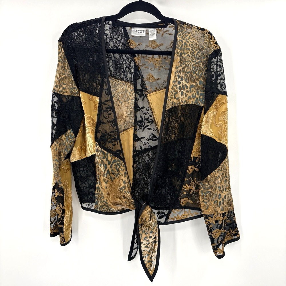 Chicos Top Size 1 Top Animal Print Silk Blend Patchwork Lace Boho Chic - Picture 2 of 8